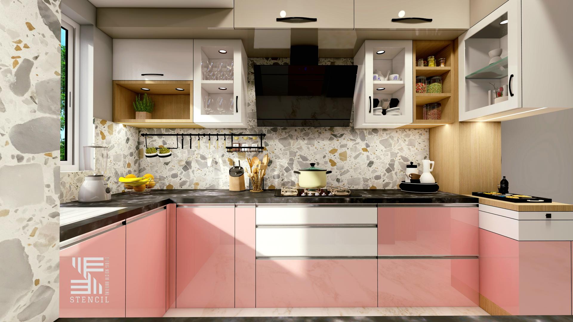 Modern modular kitchen with terrazzo backsplash and pastel cabinetry — Stencil Interior Design